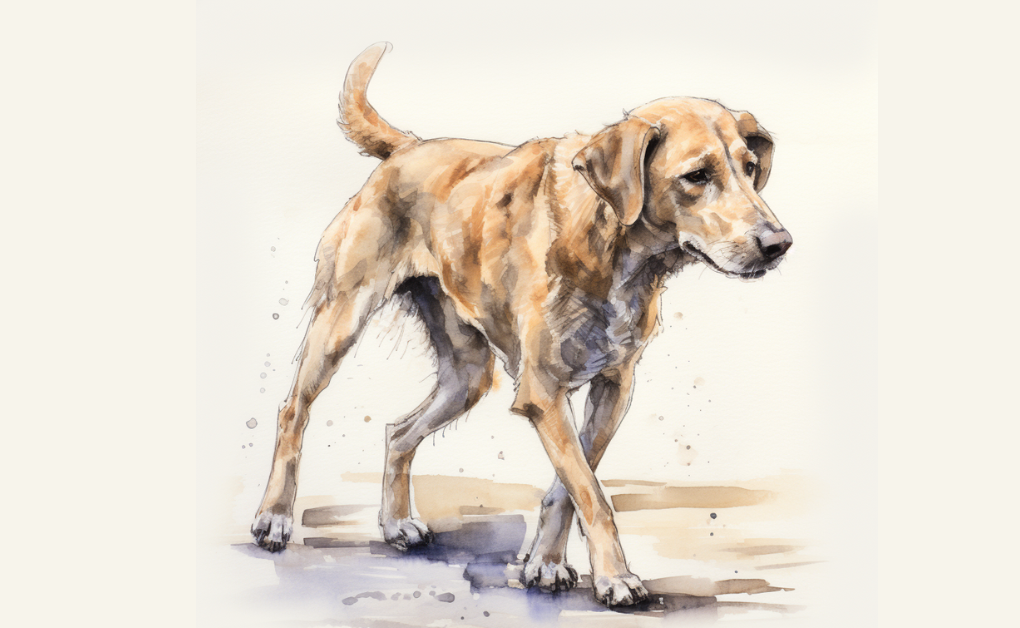 A watercolor painting of a dog walking on the ground, highlighting inherited conditions and genetic diseases in dogs.