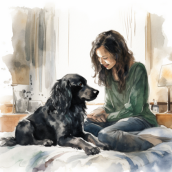 A watercolor illustration of a woman sitting on a bed with her dog, depicting the love between human and canine.