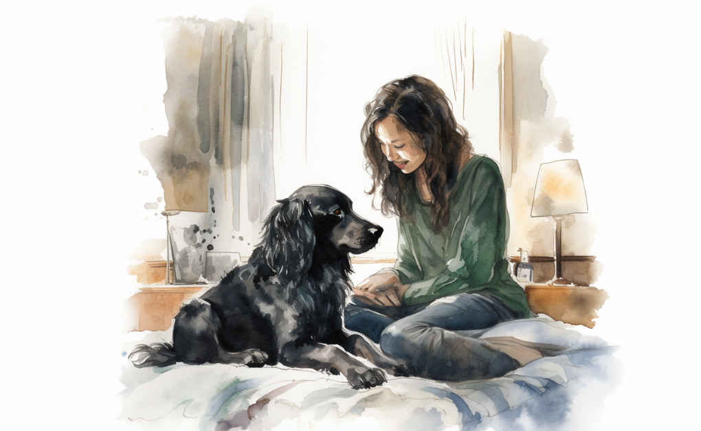 A watercolor illustration of a woman sitting on a bed with her dog, depicting the love between human and canine.