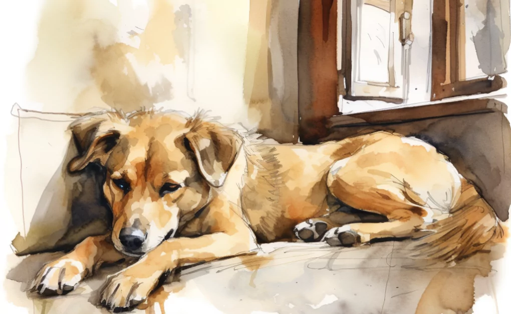 A dog resting on a couch in a watercolor painting.