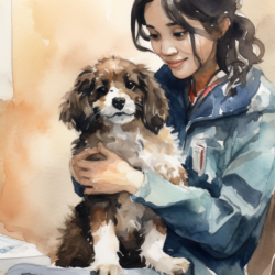 A watercolor painting of a woman holding a dog, emphasizing the bond between human and canine.
