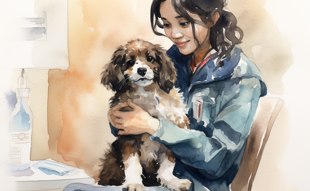 A watercolor painting of a woman holding a dog, emphasizing the bond between human and canine.