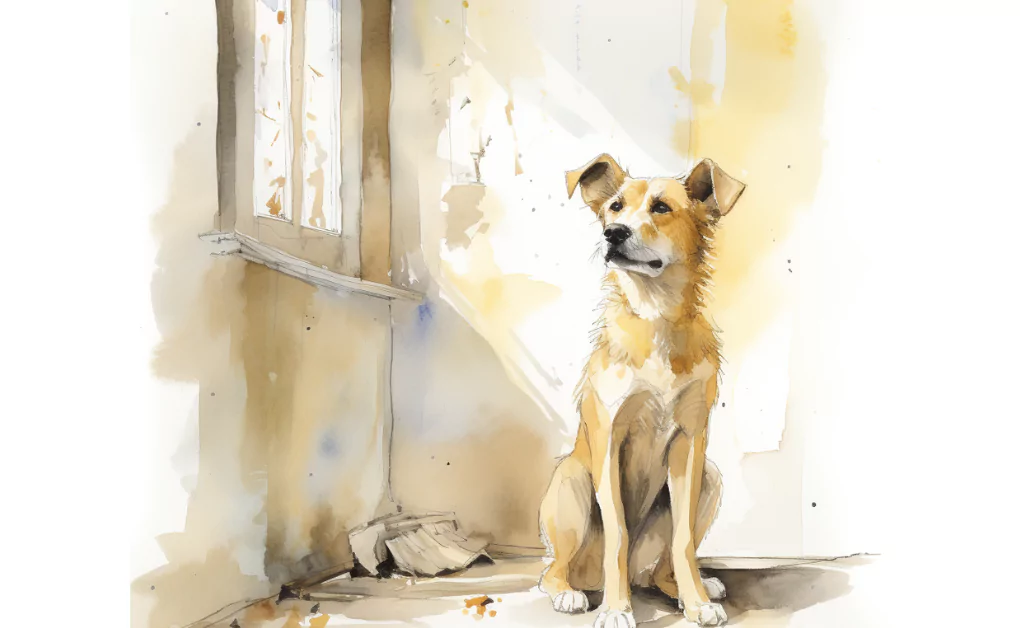 A watercolor painting of a jaundiced dog sitting in front of a window.