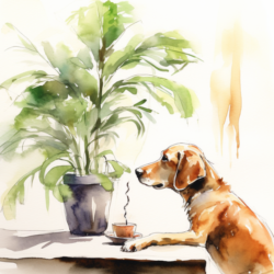 A watercolor illustration of a dog with a plant stuck in his nose.