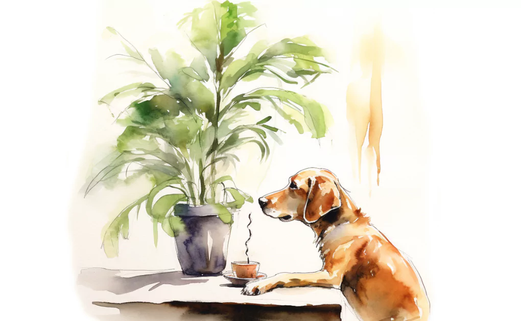 A watercolor illustration of a dog with a plant stuck in his nose.