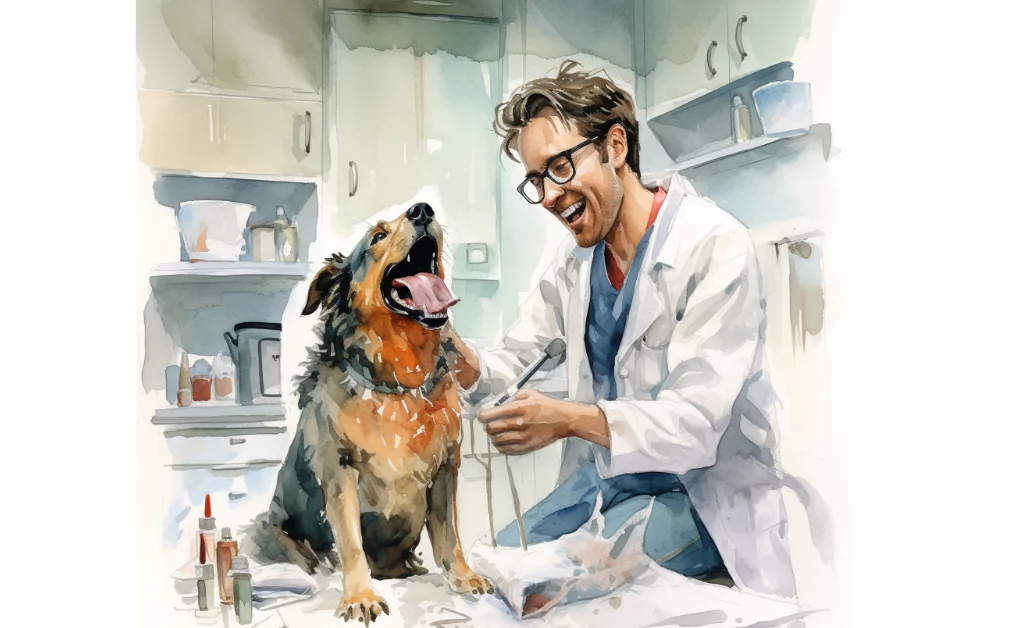 A watercolor illustration of a doctor with a dog showcasing canine oral masses.