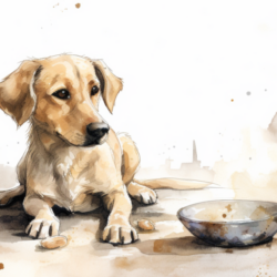 A watercolor painting of a dog with gum disease next to a bowl of food.