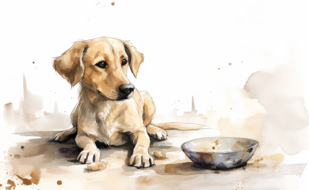 A watercolor painting of a dog with gum disease next to a bowl of food.