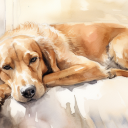 A watercolor painting of a dog lounging on a bed.