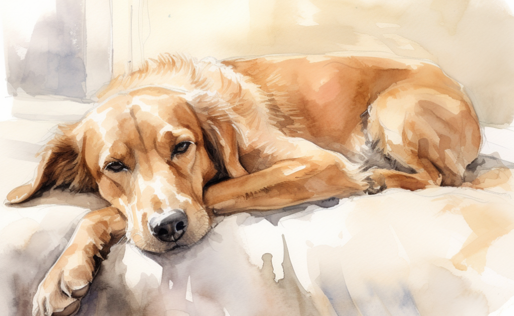 A watercolor painting of a dog lounging on a bed.