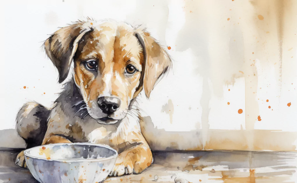 A watercolor painting of a dog with a bowl of food that highlights the theme of canine health issues like UTI and bladder infections.