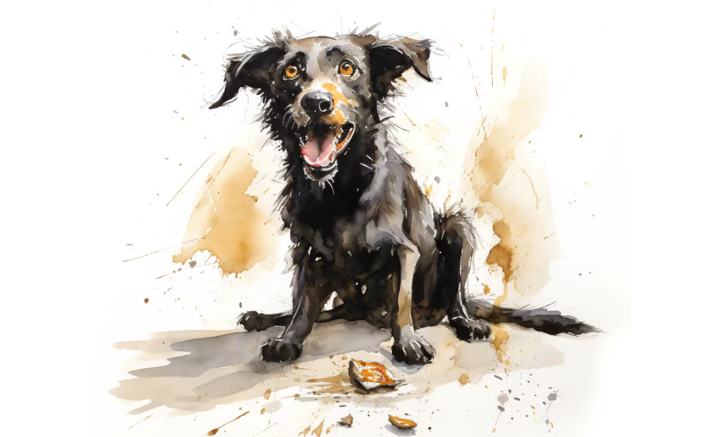 A watercolor painting of a dog sitting on the ground.