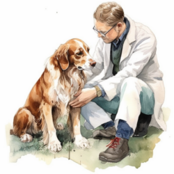 An illustration of a veterinarian examining a dog with an ACL tear.