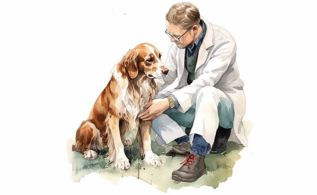 An illustration of a veterinarian examining a dog with an ACL tear.