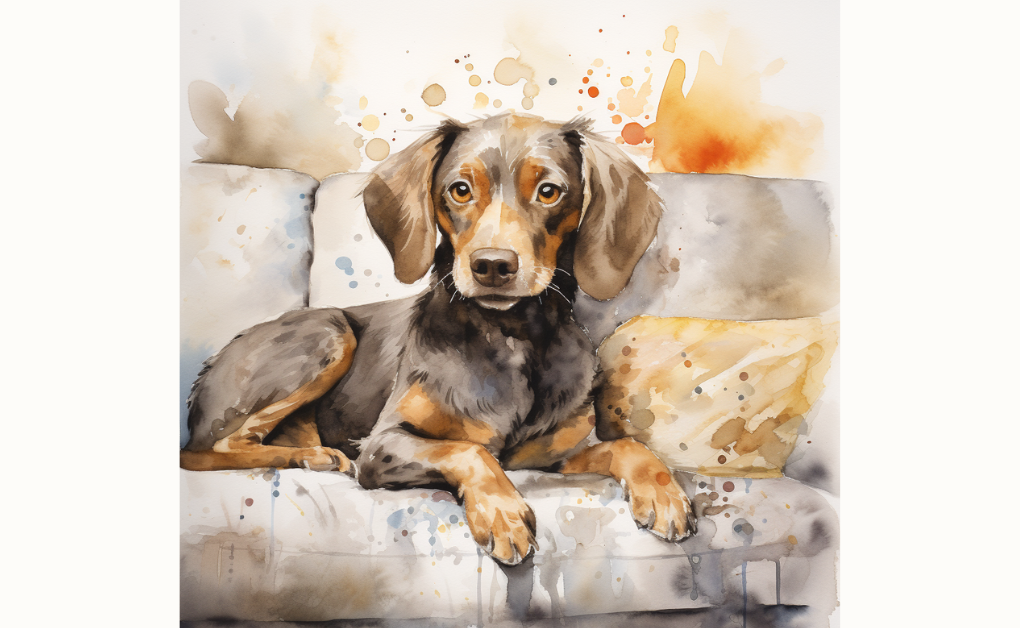 A watercolor painting of a dog with an eye injury sitting on a couch.