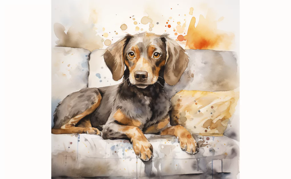 A watercolor painting of a dog with an eye injury sitting on a couch.