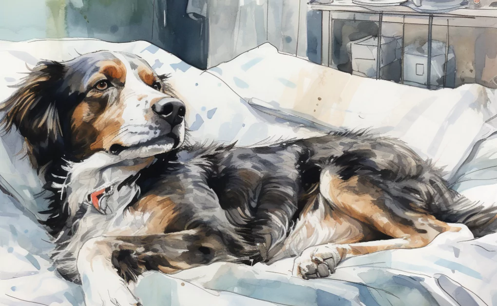 A watercolor painting of a dog peacefully resting on a bed.