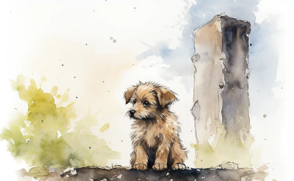A watercolor painting of a dog sitting on top of a stone with chronic diarrhea.