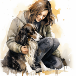 A watercolor painting of a woman and her dog, capturing the bond between them.