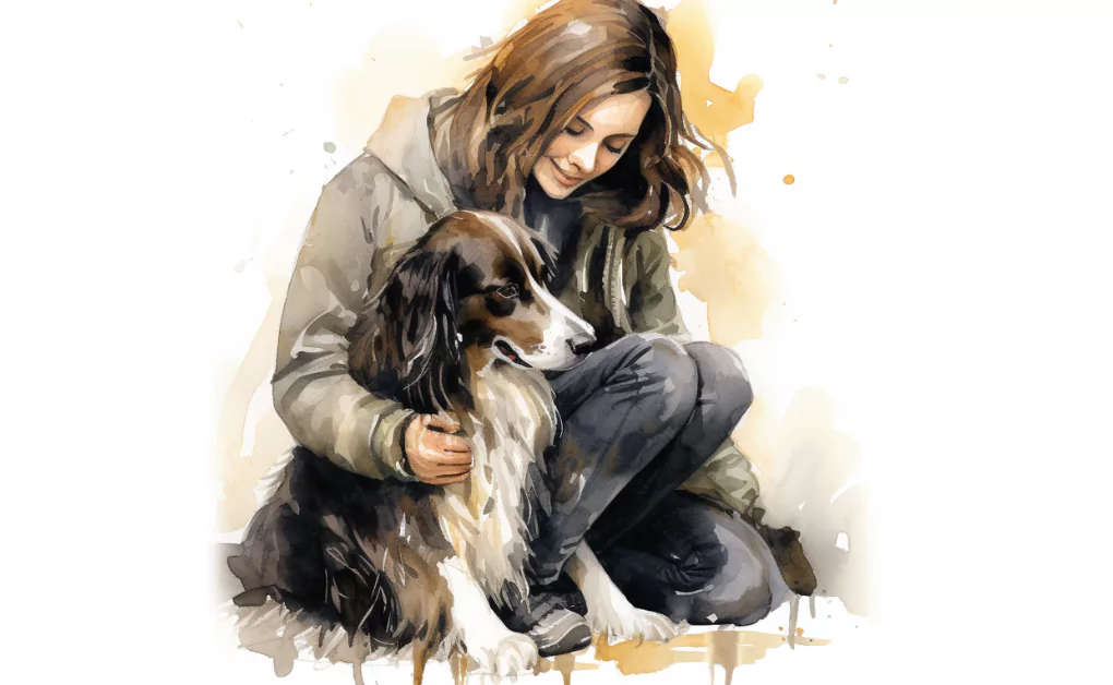 A watercolor painting of a woman and her dog, capturing the bond between them.
