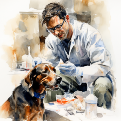 A watercolor painting of a veterinarian examining a dog with glaucoma.