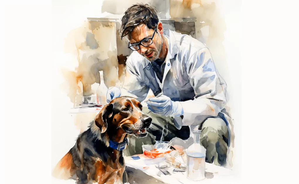 A watercolor painting of a veterinarian examining a dog with glaucoma.