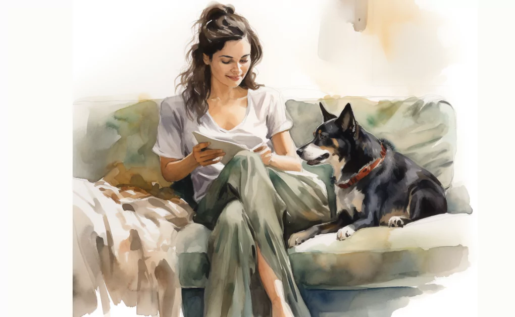 A watercolor illustration of a woman resting on a couch with her dog.