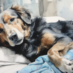 A watercolor painting of a dog lounging on a bed.