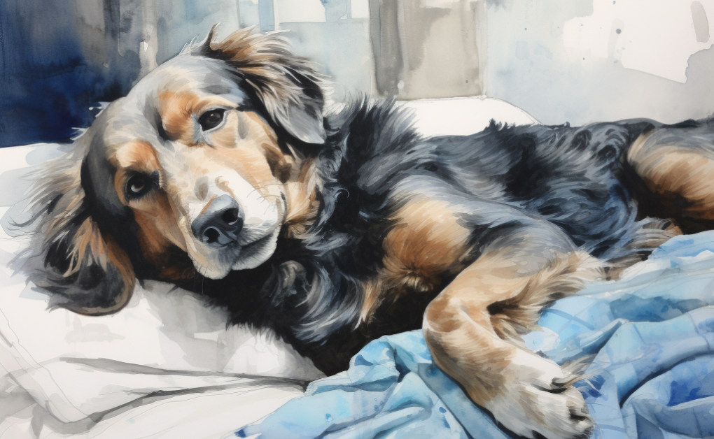 A watercolor painting of a dog lounging on a bed.