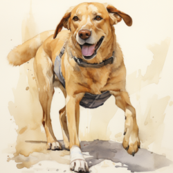 A watercolor painting of a dog wearing a harness, showcasing canine trauma and puncture wounds.