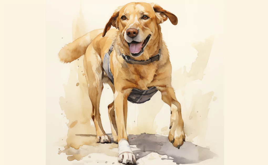 A watercolor painting of a dog wearing a harness, showcasing canine trauma and puncture wounds.