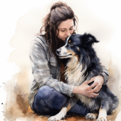 A watercolor painting of a woman cuddling her dog, showcasing their bond.