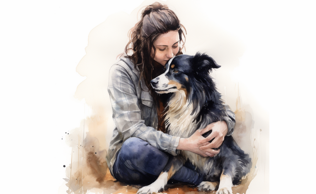 A watercolor painting of a woman cuddling her dog, showcasing their bond.