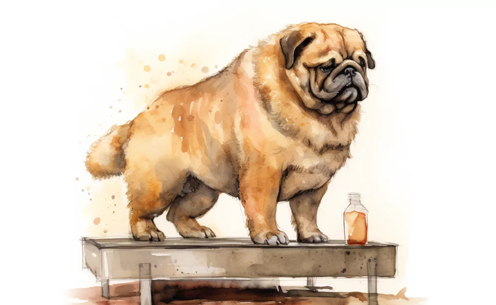 A watercolor illustration of an overweight dog standing on a table.