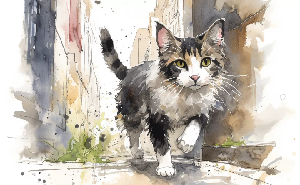 A watercolor painting of a cat walking down a street, inspired by the grace and agility of feline movements.