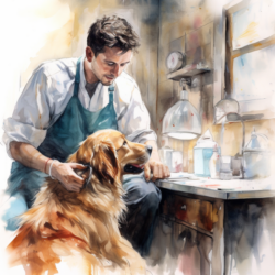 A watercolor portrait of a man with a golden retriever experiencing skin problems.