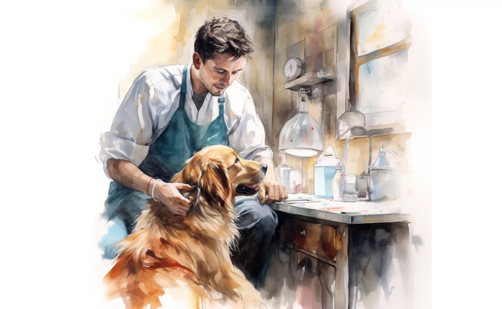 A watercolor portrait of a man with a golden retriever experiencing skin problems.