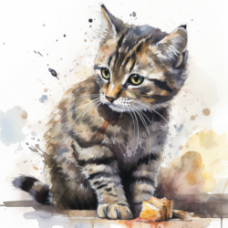 A watercolor painting of a kitten with signs of atopic dermatitis in cats.