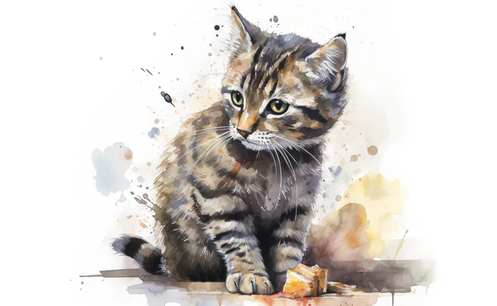 A watercolor painting of a kitten with signs of atopic dermatitis in cats.