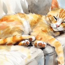 A watercolor painting of a cat sleeping on a couch.