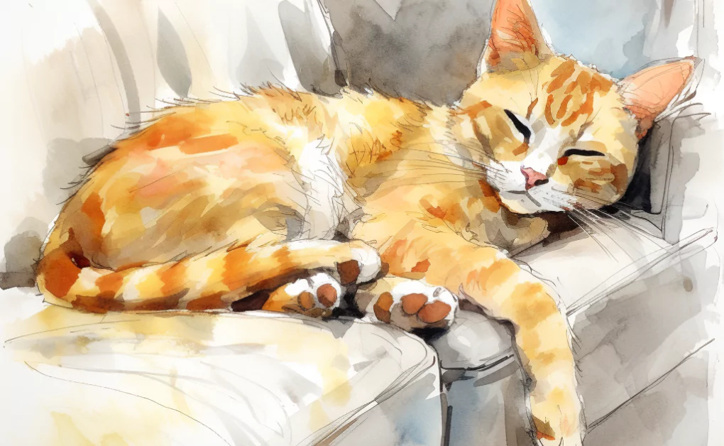 A watercolor painting of a cat sleeping on a couch.