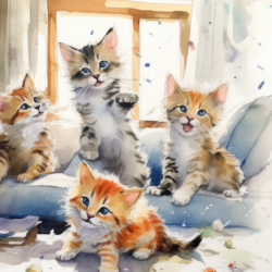A watercolor painting of healthy kittens sitting on a couch.