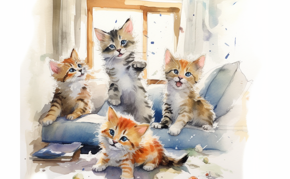 A watercolor painting of healthy kittens sitting on a couch.