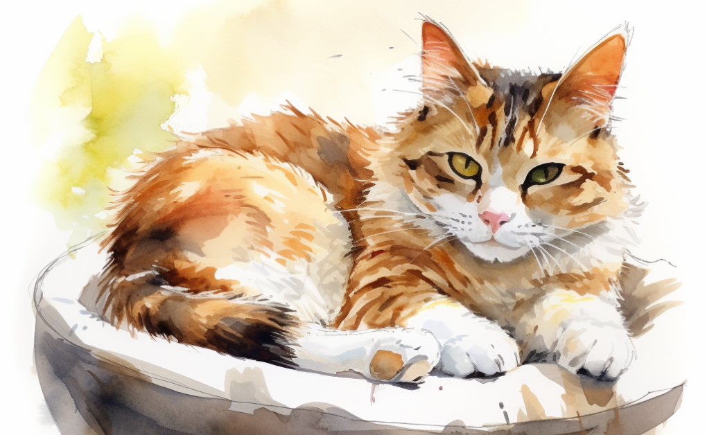 A watercolor painting of a young adult cat lounging in a bowl.