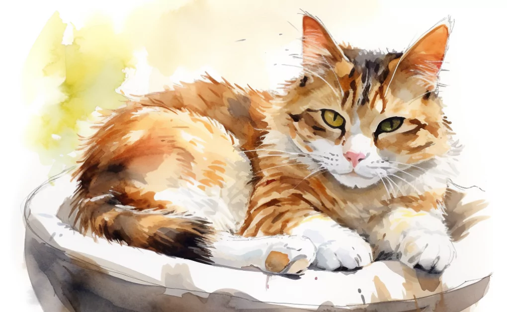 A watercolor painting of a young adult cat lounging in a bowl.