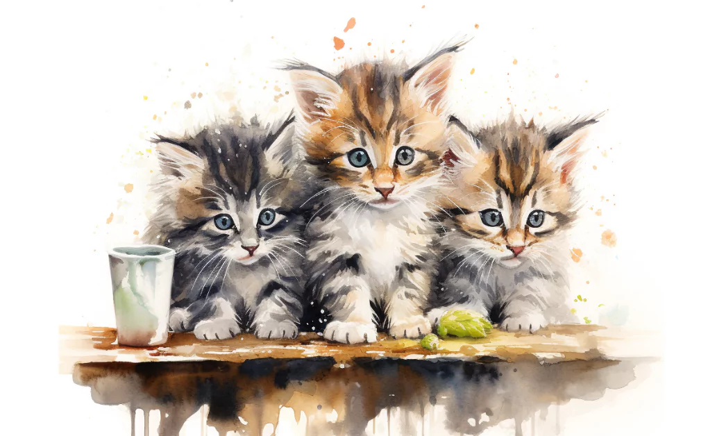 A watercolor painting of three kittens enjoying a glass of milk.