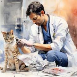 A watercolor painting featuring a doctor providing emergency care to an injured cat.