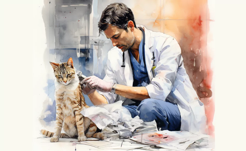 A watercolor painting featuring a doctor providing emergency care to an injured cat.