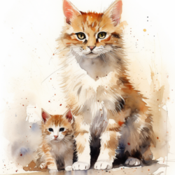 A watercolor painting of an abnormal cat and kitten, depicting potential genetic diseases and inherited disorders.