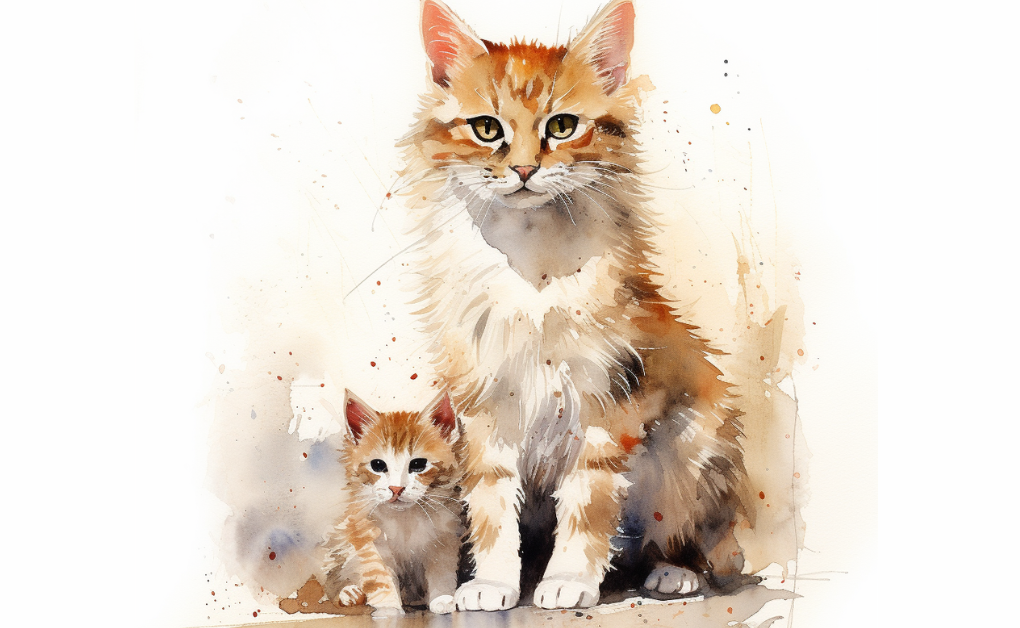 A watercolor painting of an abnormal cat and kitten, depicting potential genetic diseases and inherited disorders.